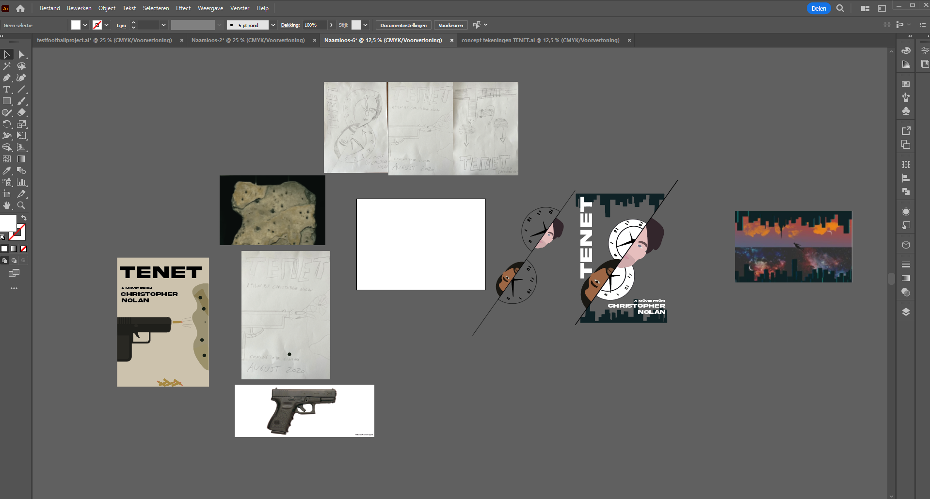 a black canvas with photos and drawings related to the film, all scattered around
