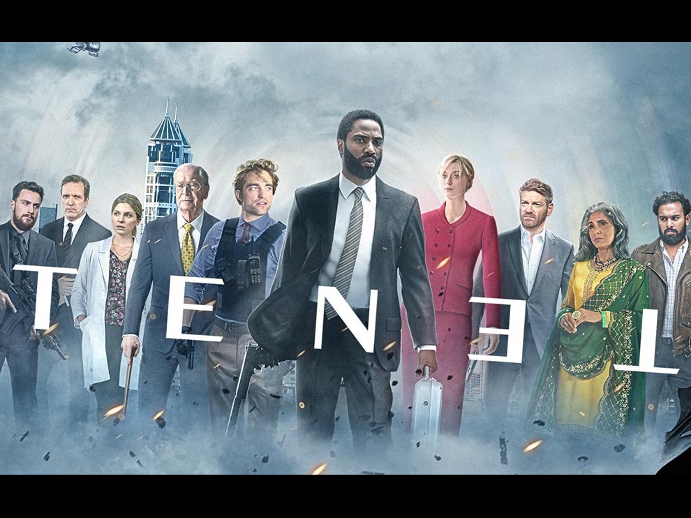 photo featuring different characters from Tenet and the title TENET
