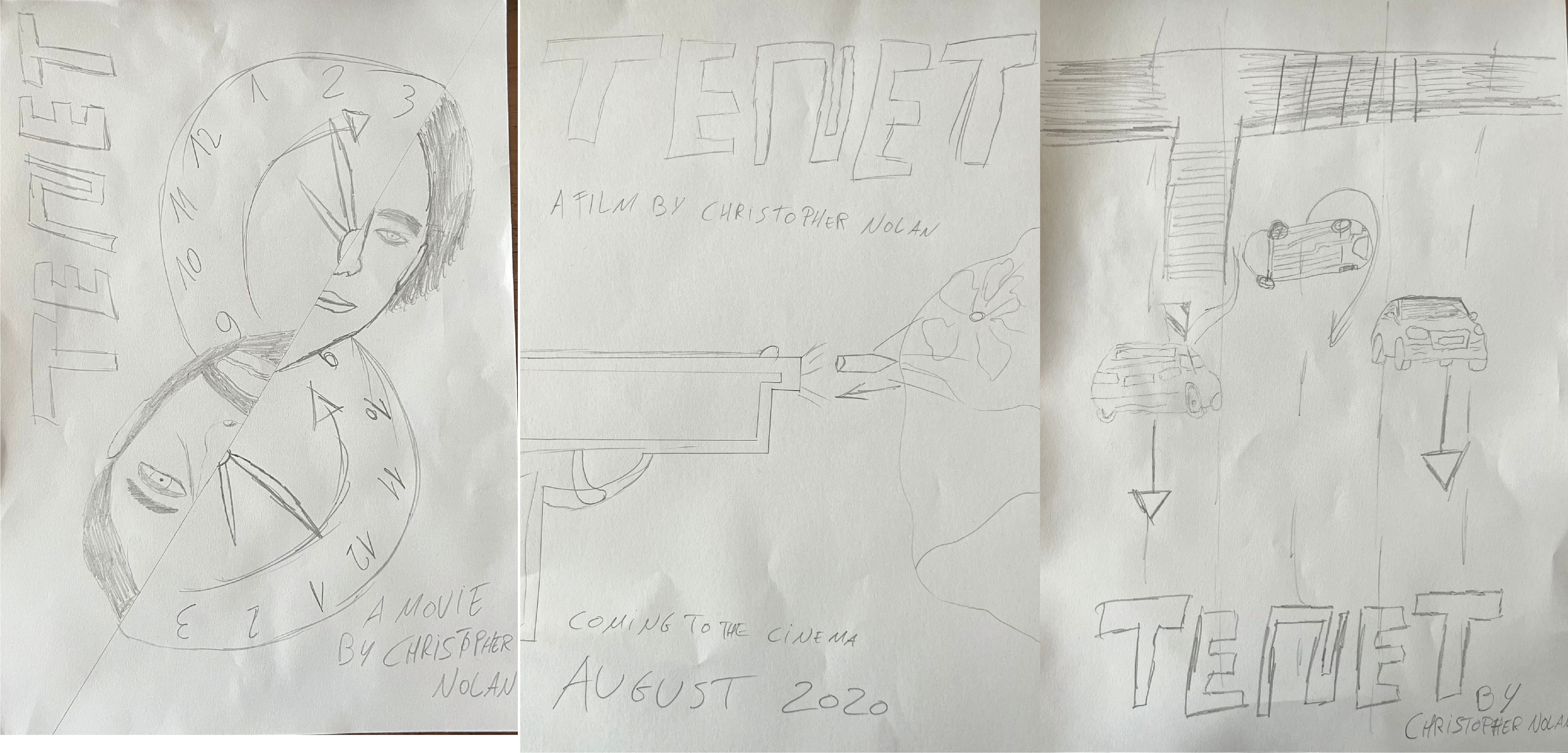 sketches on plain white paper, heads and clocks, a gun, a sketch of a car tumbling over